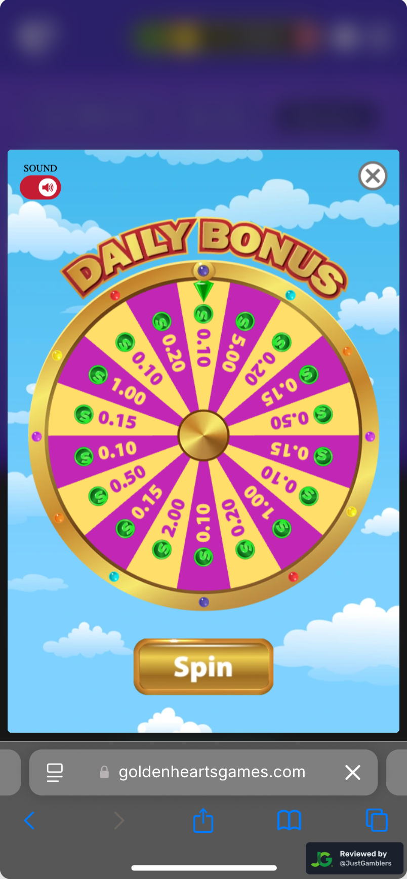 Mobile screenshot of the promo page at Golden Hearts Games.