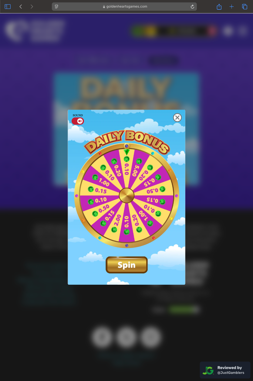 Tablet screenshot of the promo page at Golden Hearts Games.