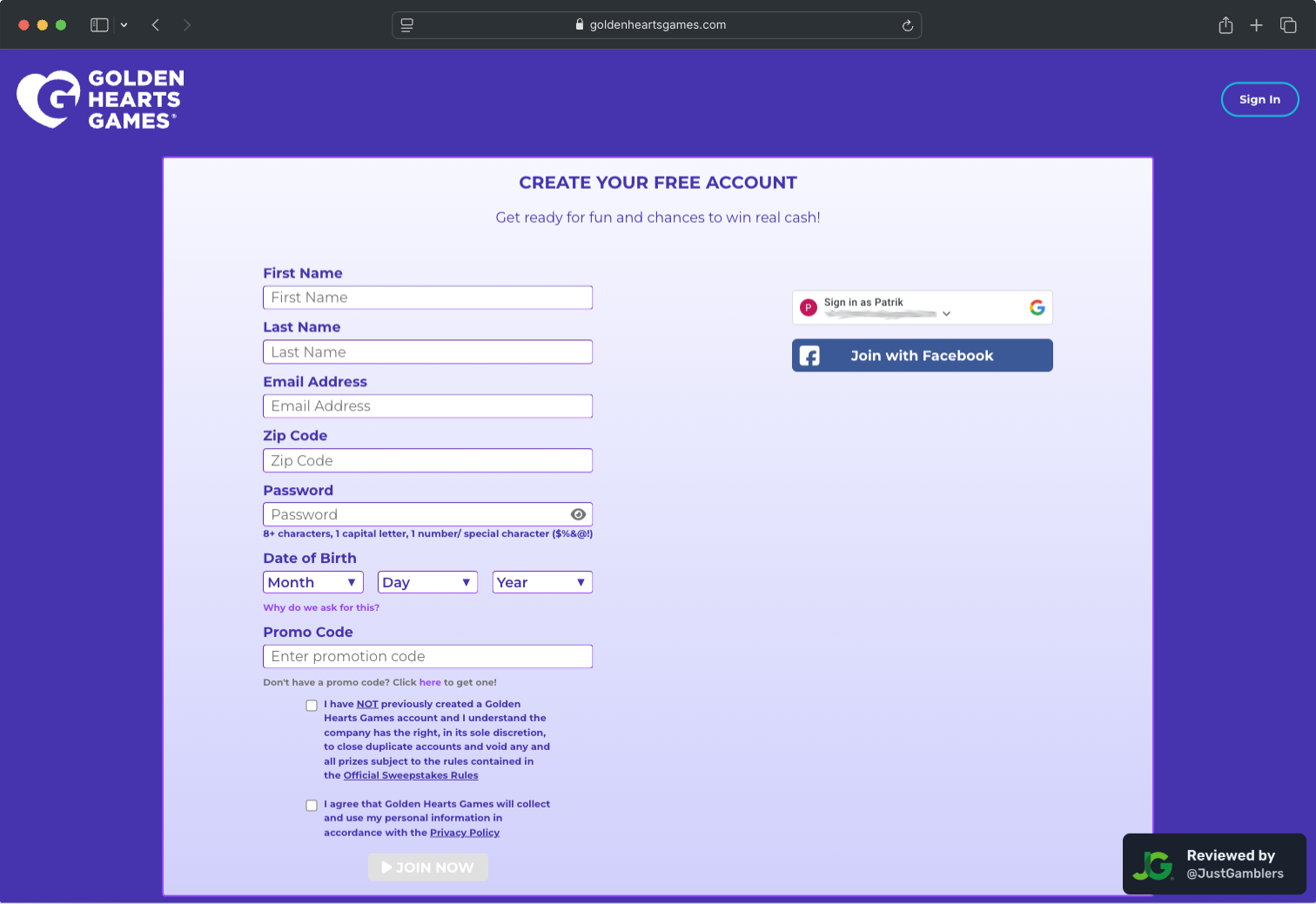Desktop screenshot of the registration page at Golden Hearts Games