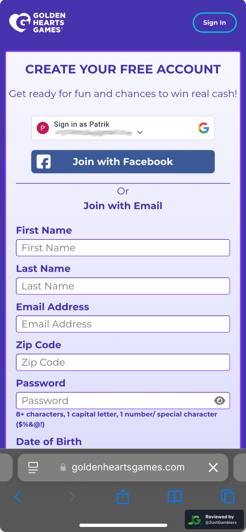 Mobile screenshot of the registration page at Golden Hearts Games.