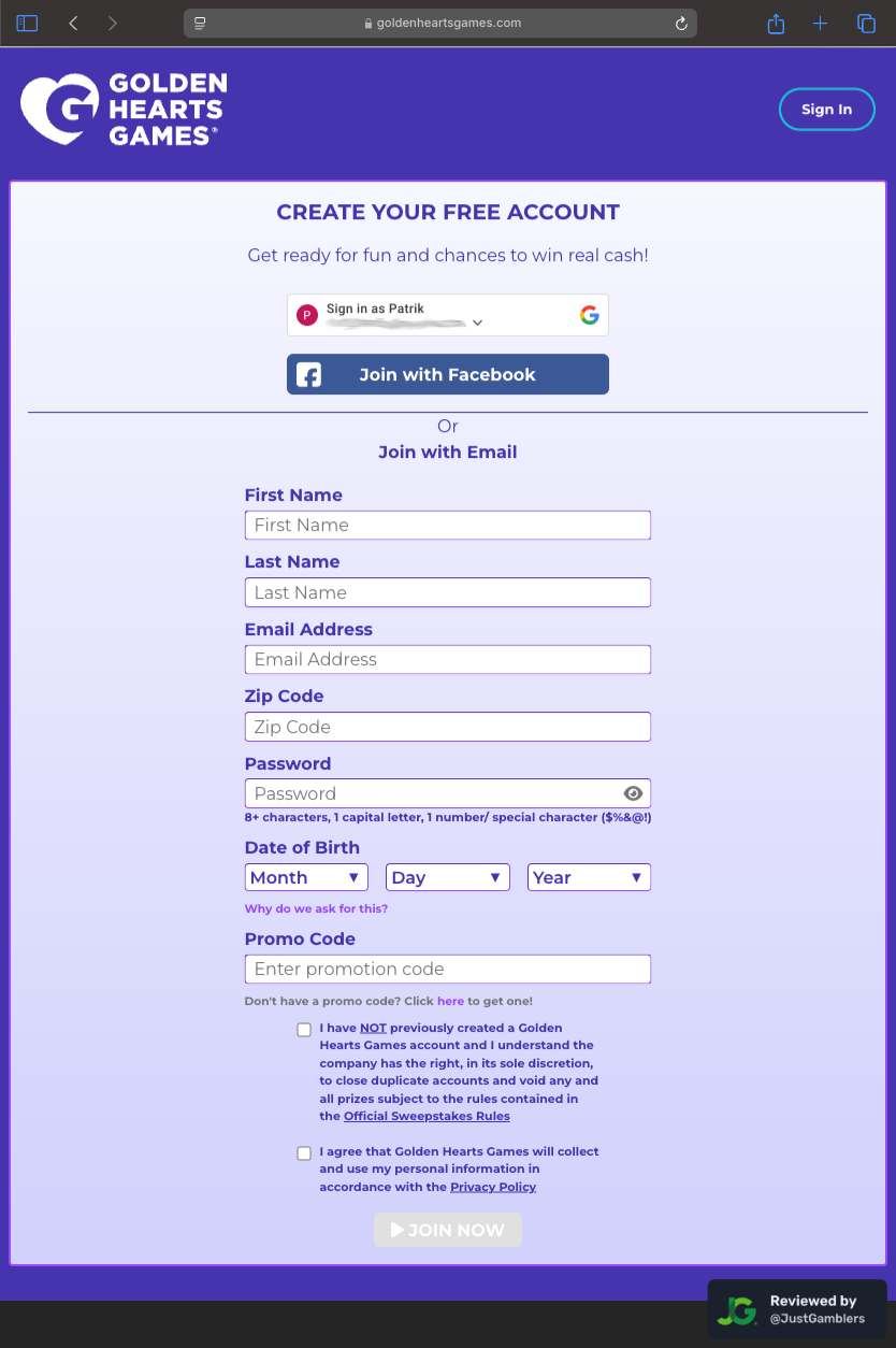 Tablet screenshot of the registration page at Golden Hearts Games.