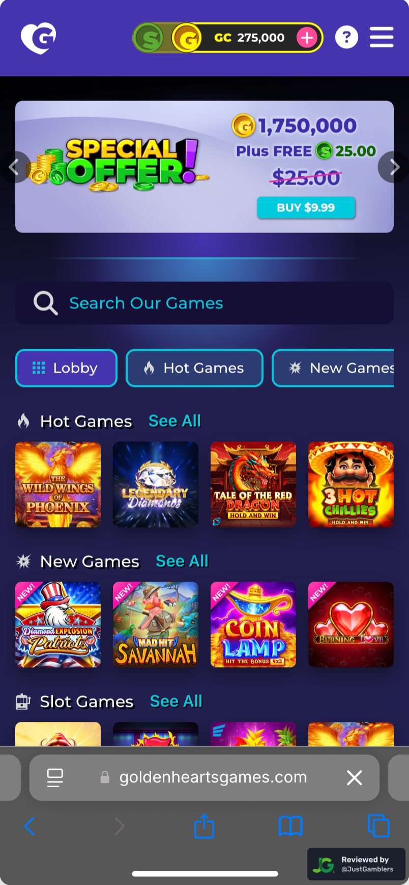 Mobile screenshot of the starting page at Golden Hearts Games.