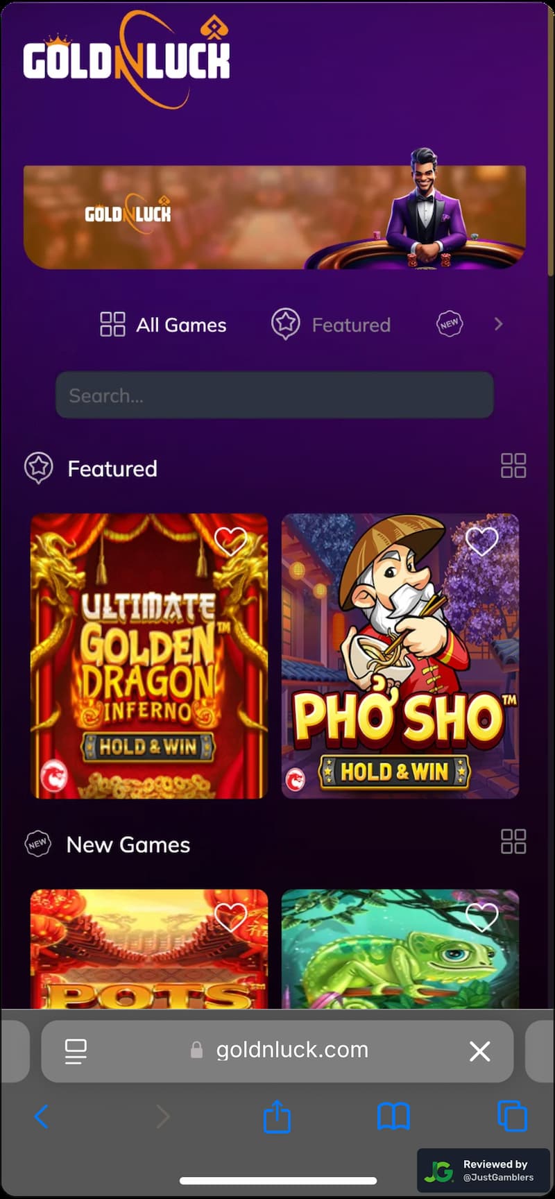Mobile screenshot of the starting page at GoldNLuck.