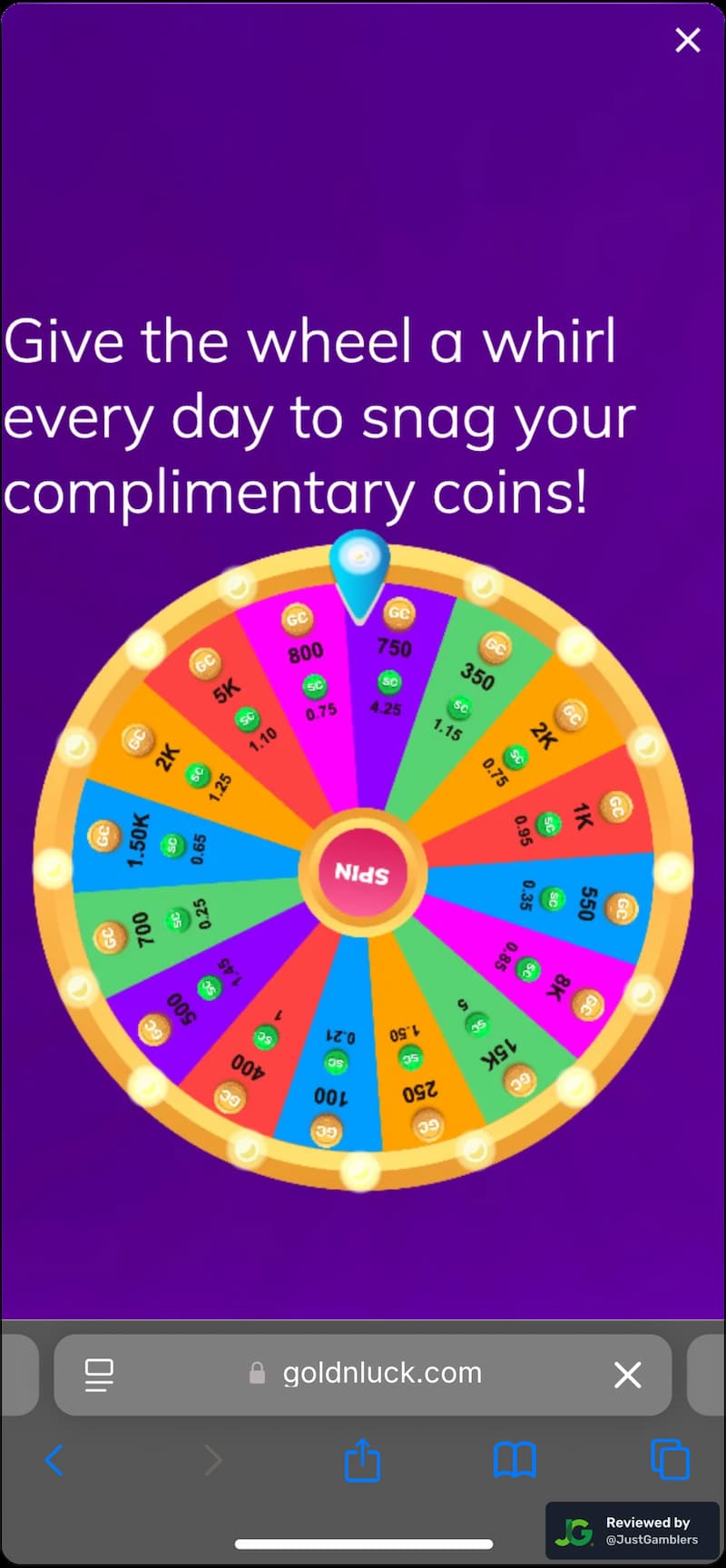 Mobile screenshot of the promo page at GoldNLuck.