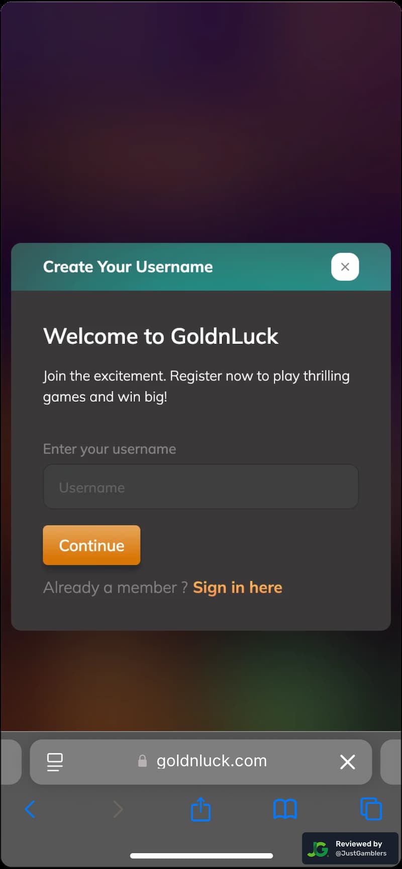 Mobile screenshot of the registration page at GoldNLuck.
