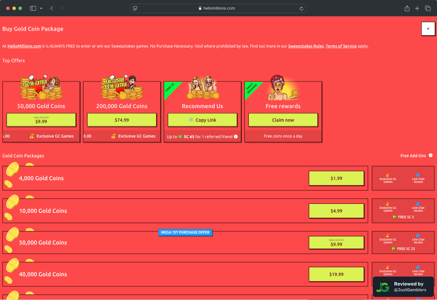 Desktop Screenshot of Hello Millions Coin Purchase Page