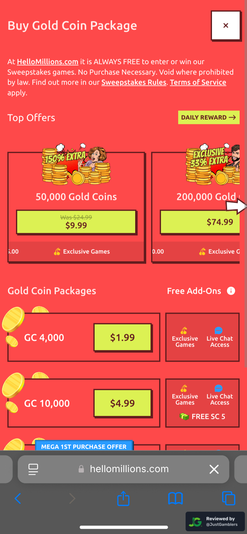 Mobile Screenshot of Hello Millions Coin Purchase Page