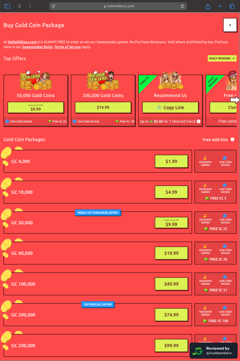 Tablet Screenshot of Hello Millions Coin Purchase Page