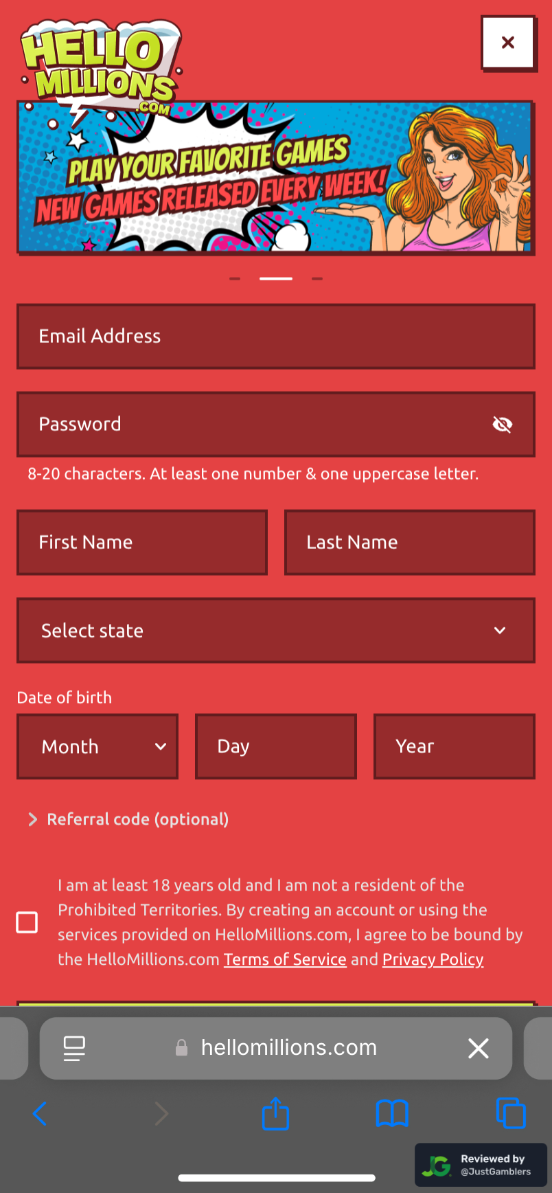 Mobile Screenshot of Hello Millions Registration Page