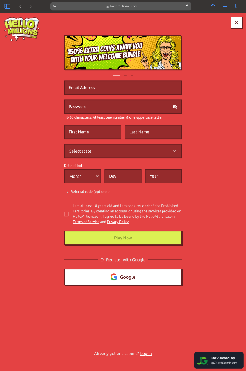 Tablet Screenshot of Hello Millions Registration Page