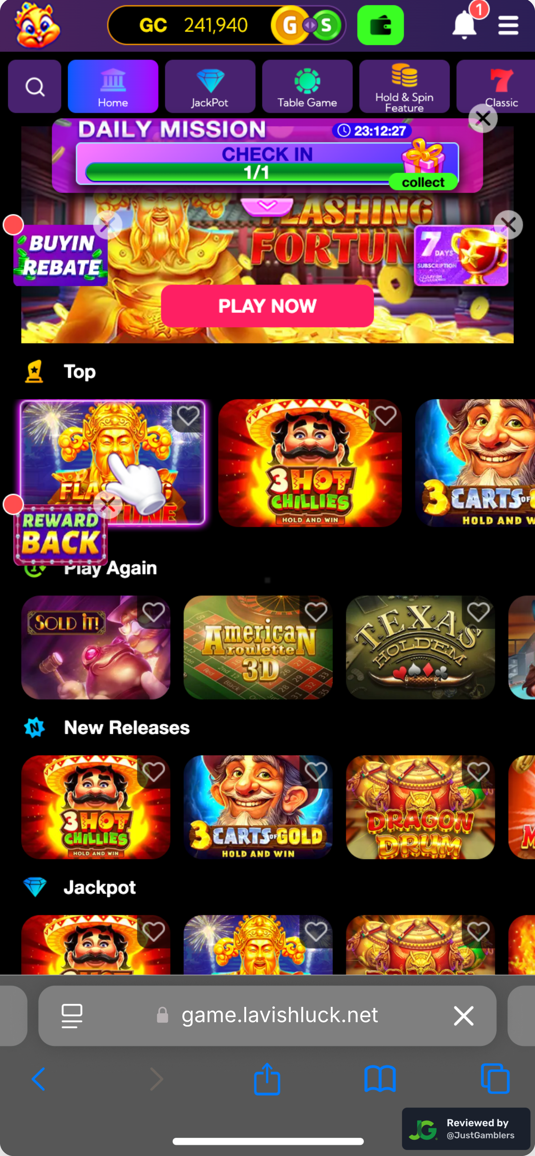 Mobile screenshot of the starting page at Lavish Luck Slots