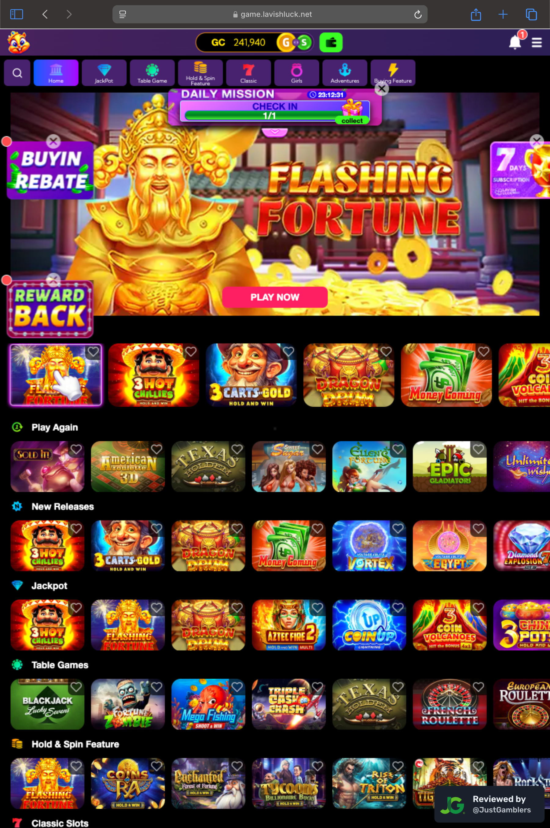 Tablet screenshot of the starting page at Lavish Luck Slots