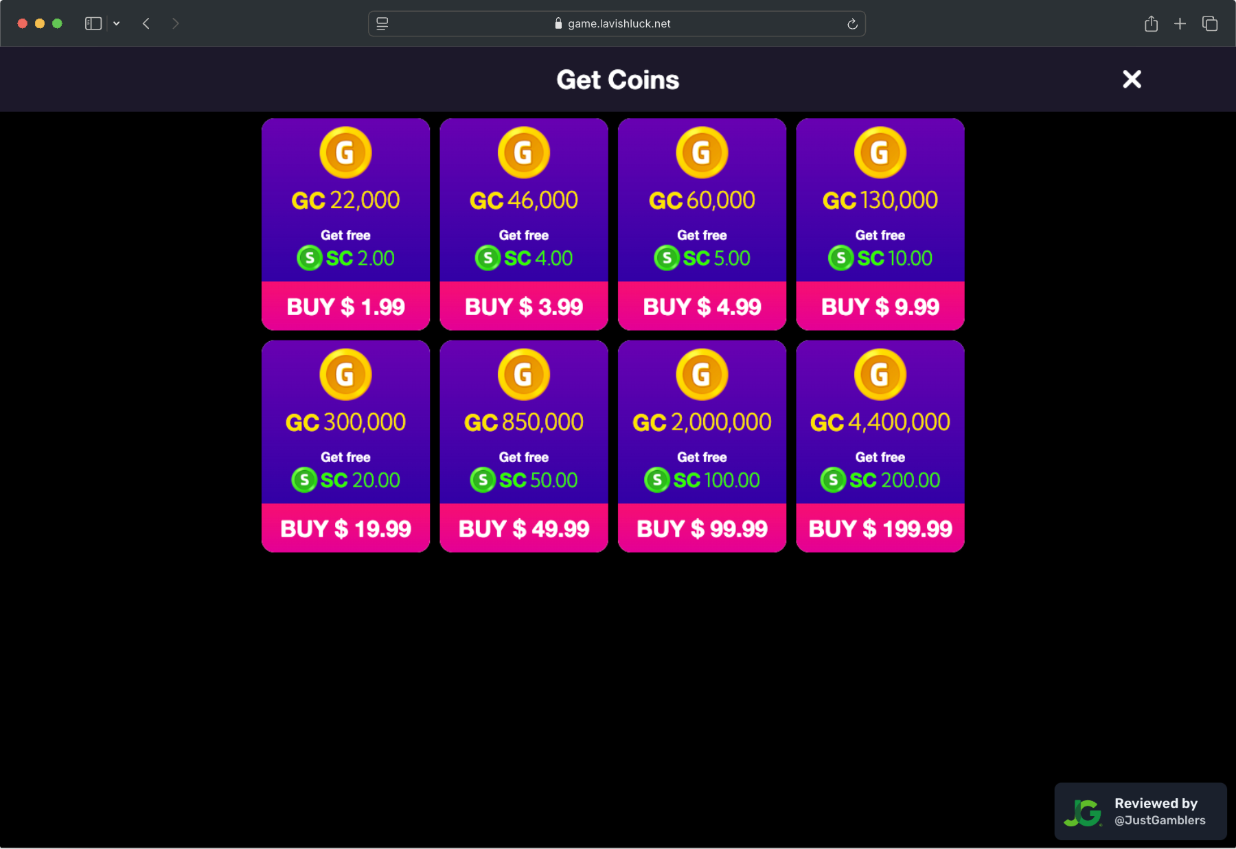 Desktop screenshot of the coin purchase process at Lavish Luck Slots.