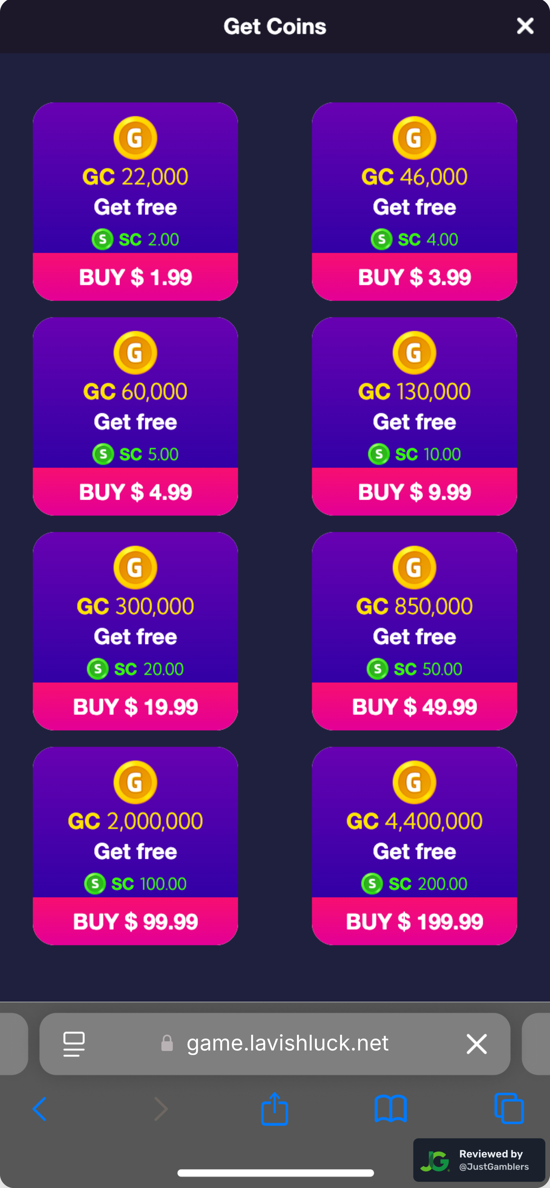 Mobile screenshot of the coin purchase process at Lavish Luck Slots.
