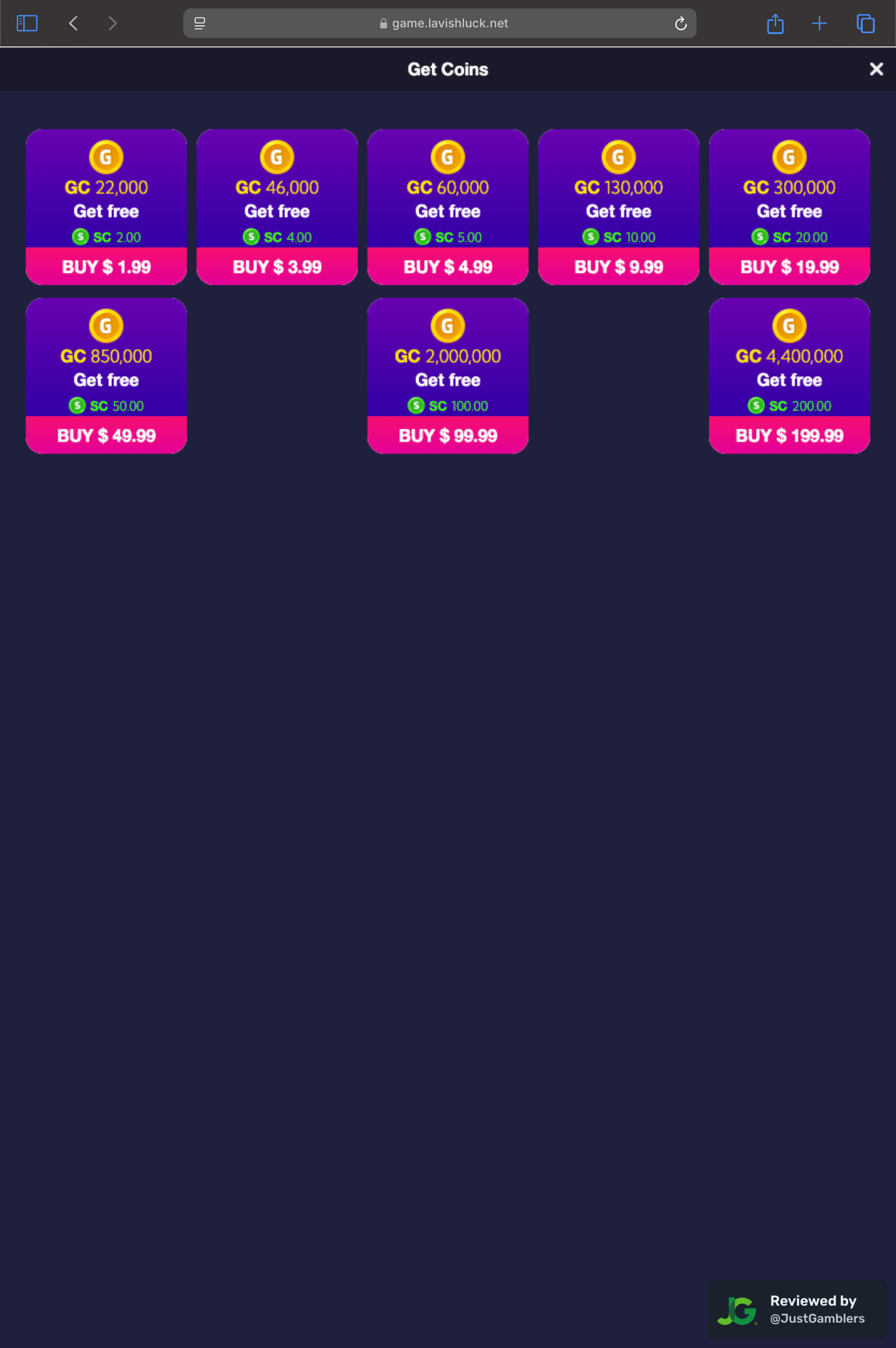 Tablet screenshot of the coin purchase process at Lavish Luck Slots.