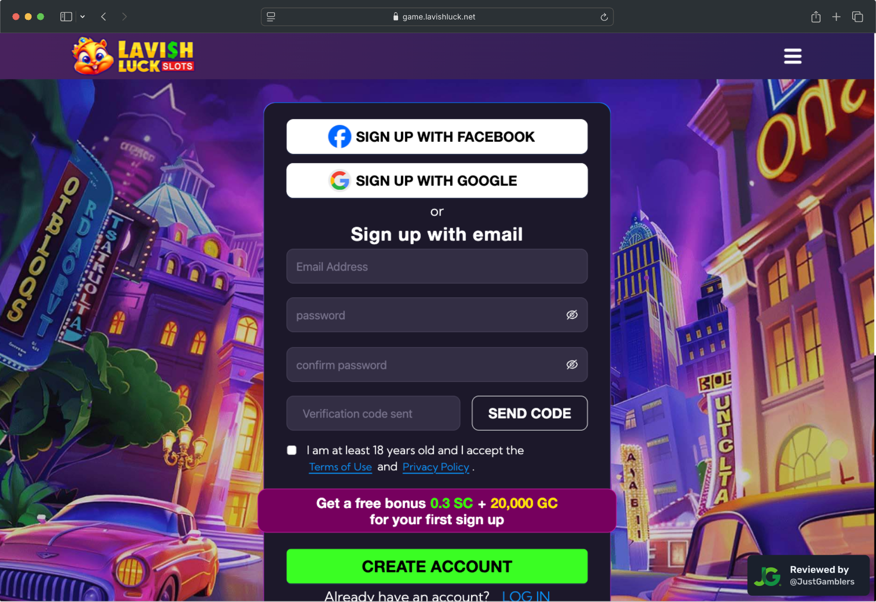 Desktop screenshot of the registration page at Lavish Luck Slots.