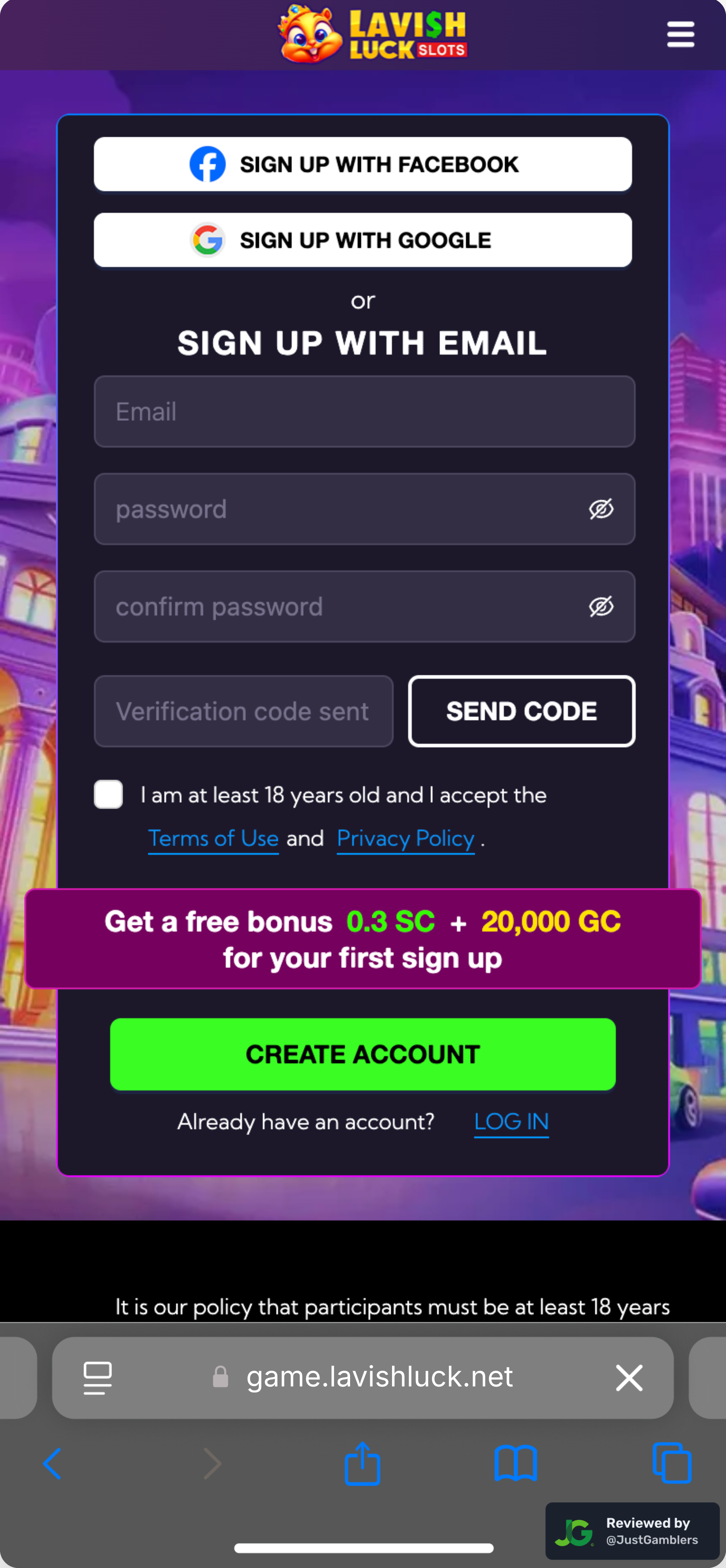 Mobile screenshot of the registration page at Lavish Luck Slots.