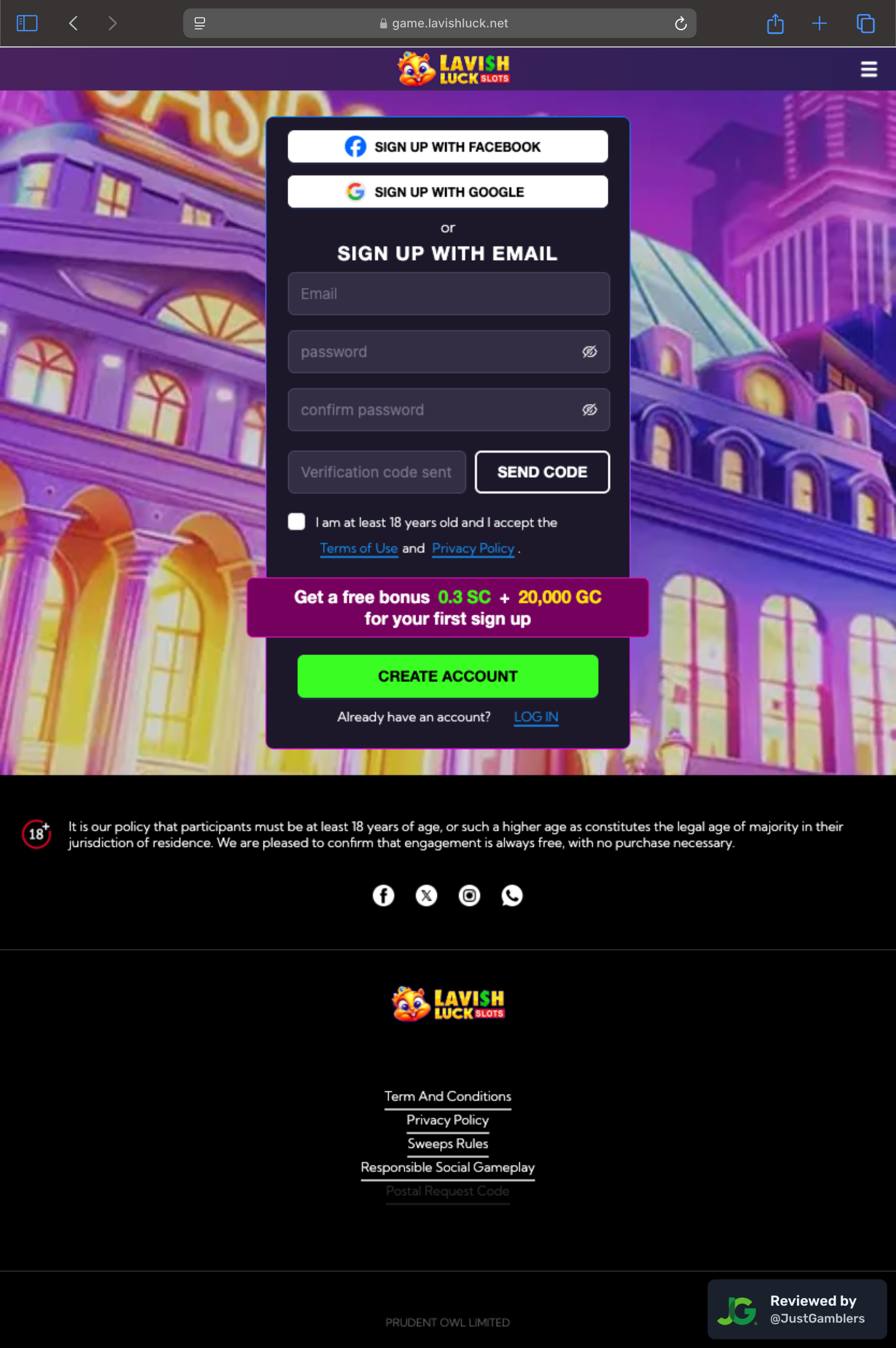 Tablet screenshot of the registration page at Lavish Luck Slots.