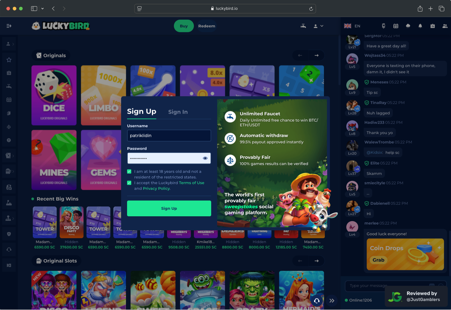 Desktop screenshot of the registration page at LuckyBird.io