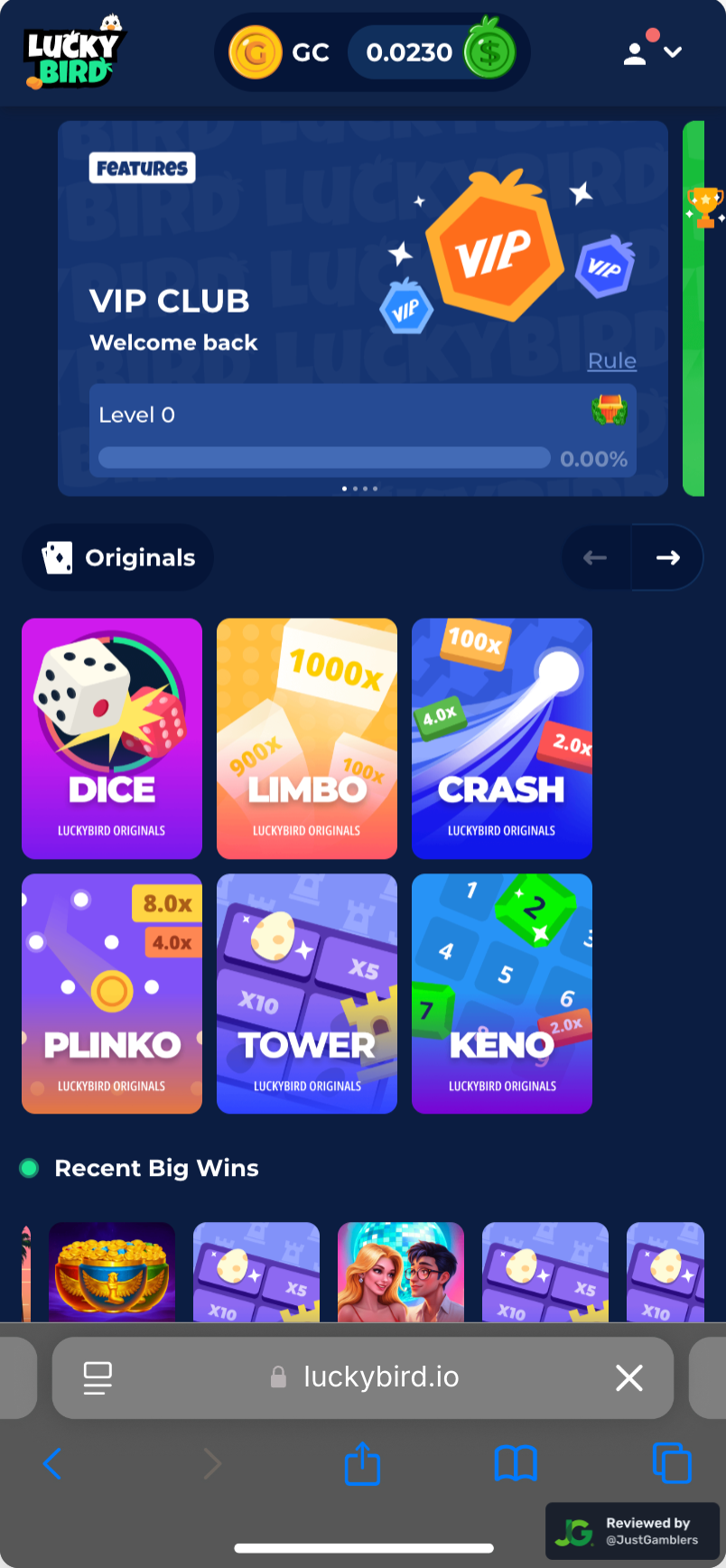 Mobile screenshot of the starting page at LuckyBird.io