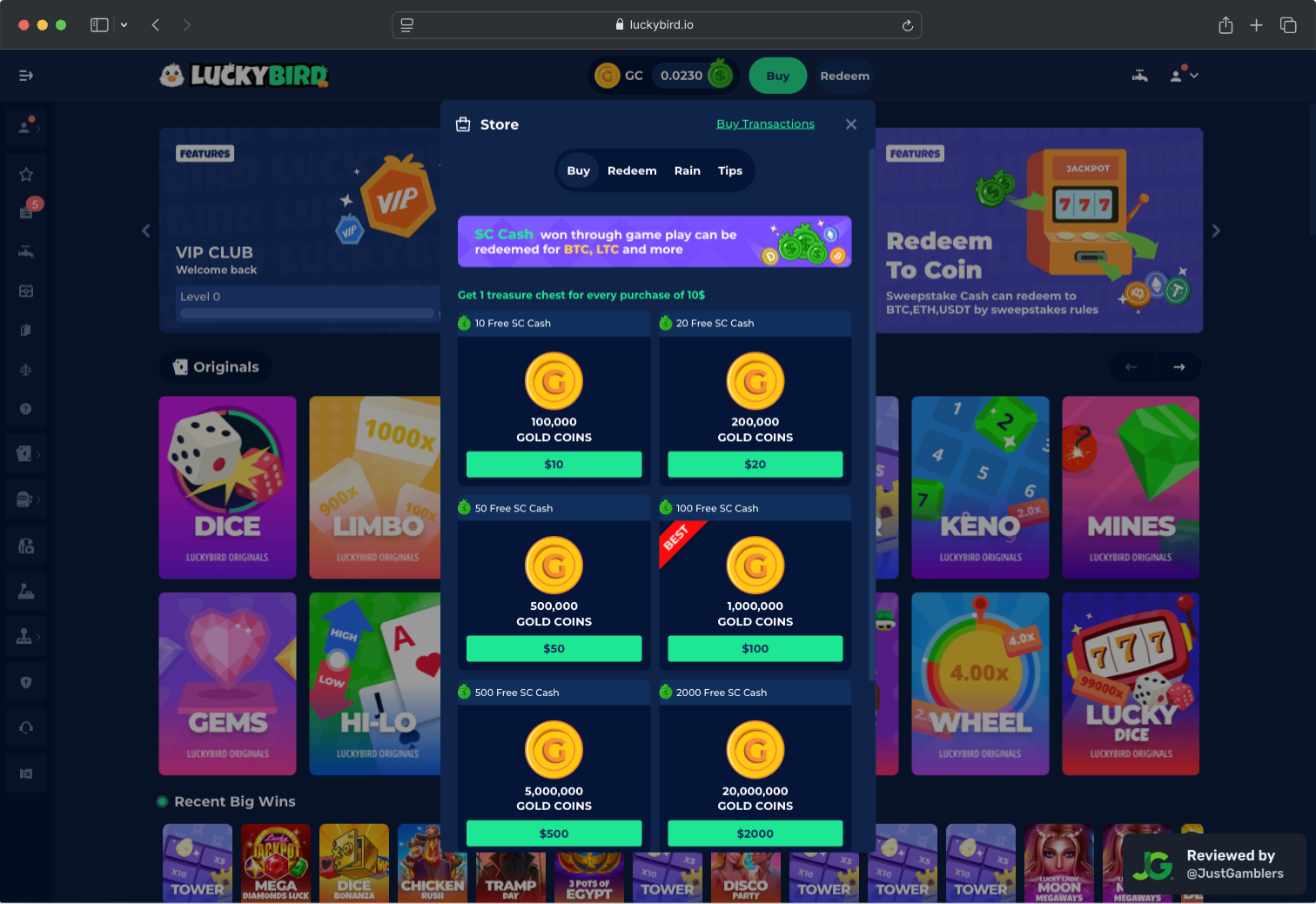 Desktop screenshot of the coin purchase process at LuckyBird.io