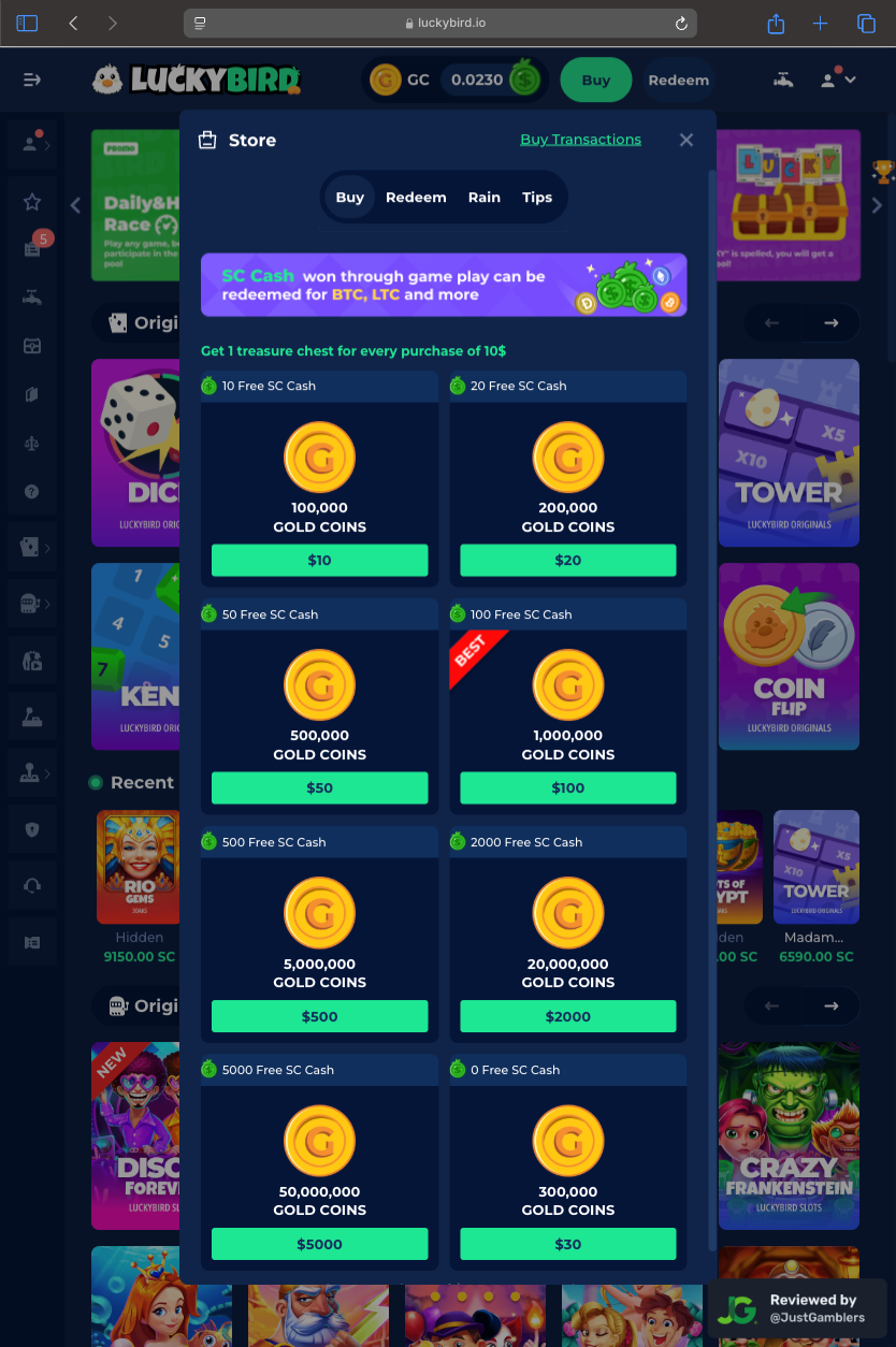 Tablet screenshot of the coin purchase process at LuckyBird.io
