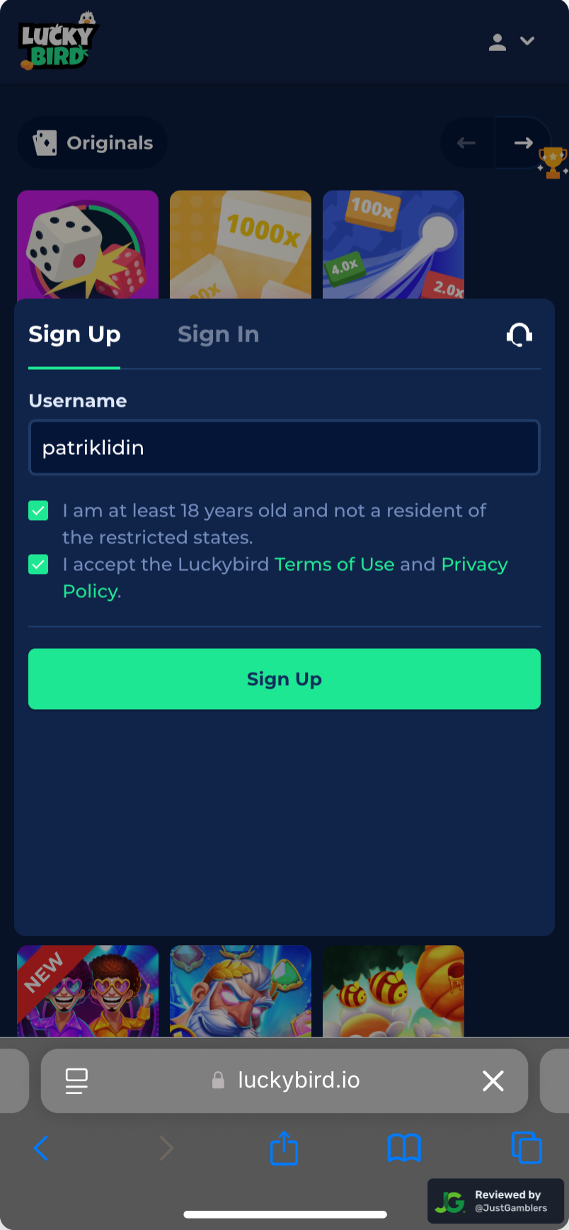 Mobile screenshot of the registration page at LuckyBird.io
