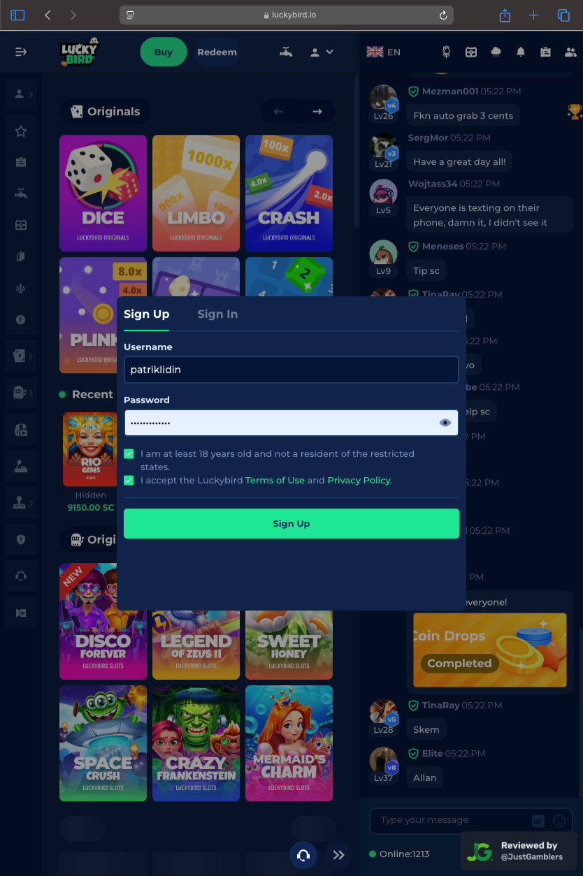 Tablet screenshot of the registration page at LuckyBird.io