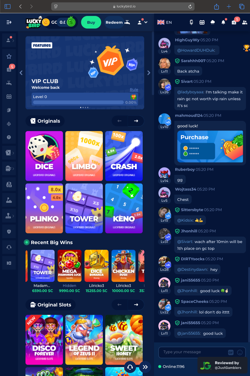Tablet screenshot of the starting page at LuckyBird.io