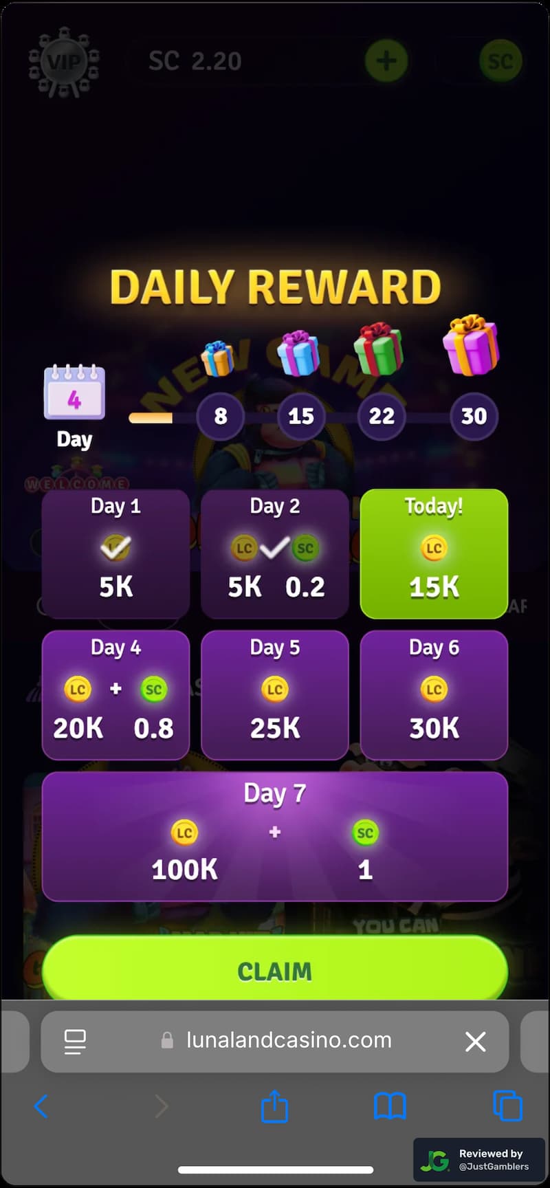 Mobile screenshot of the promo page at Lunaland Casino.