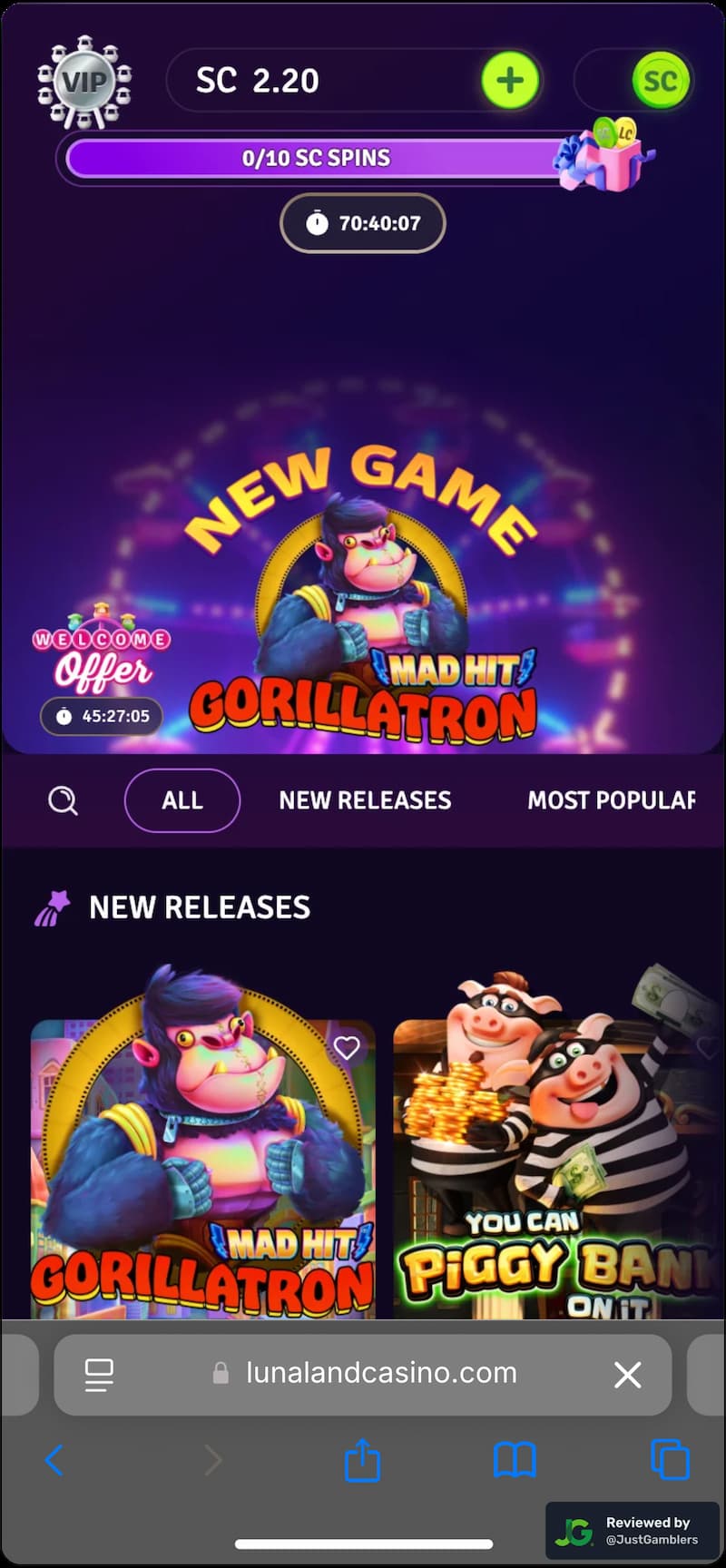 Mobile screenshot of the starting page at Lunaland Casino.