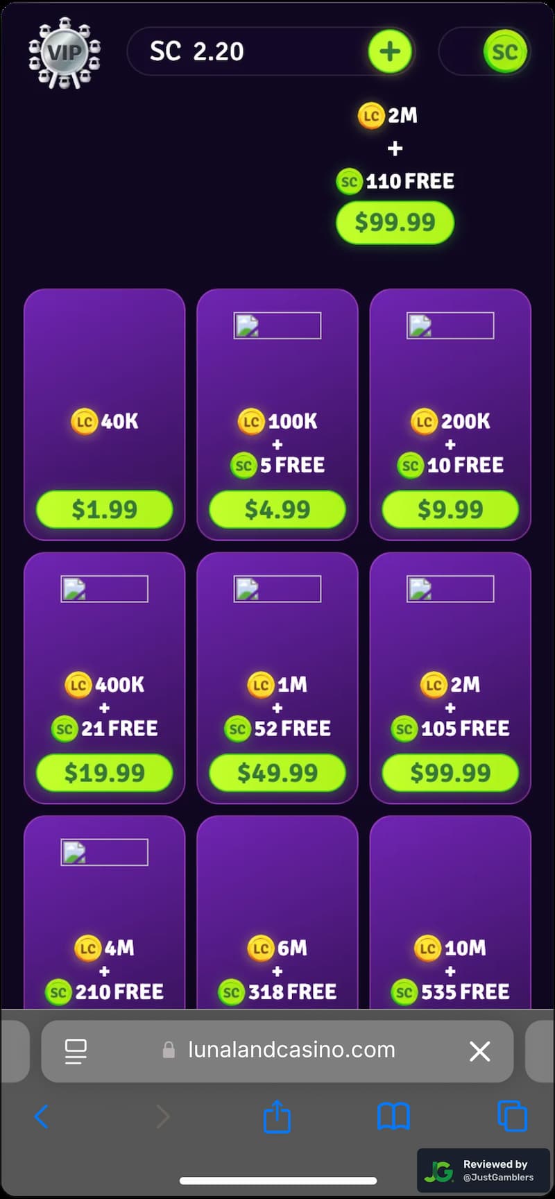 Mobile screenshot of the coin purchase process at Lunaland Casino.