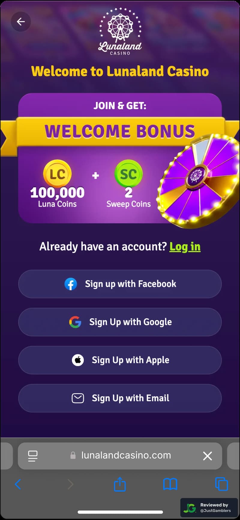 Mobile screenshot of the registration page at Lunaland Casino.