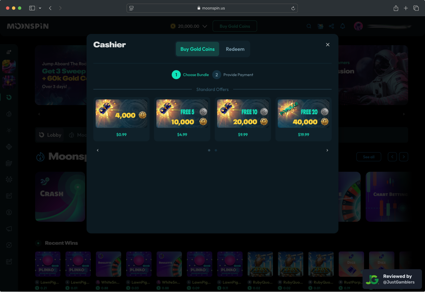 Desktop screenshot of the coin purchase process at Moonspin.