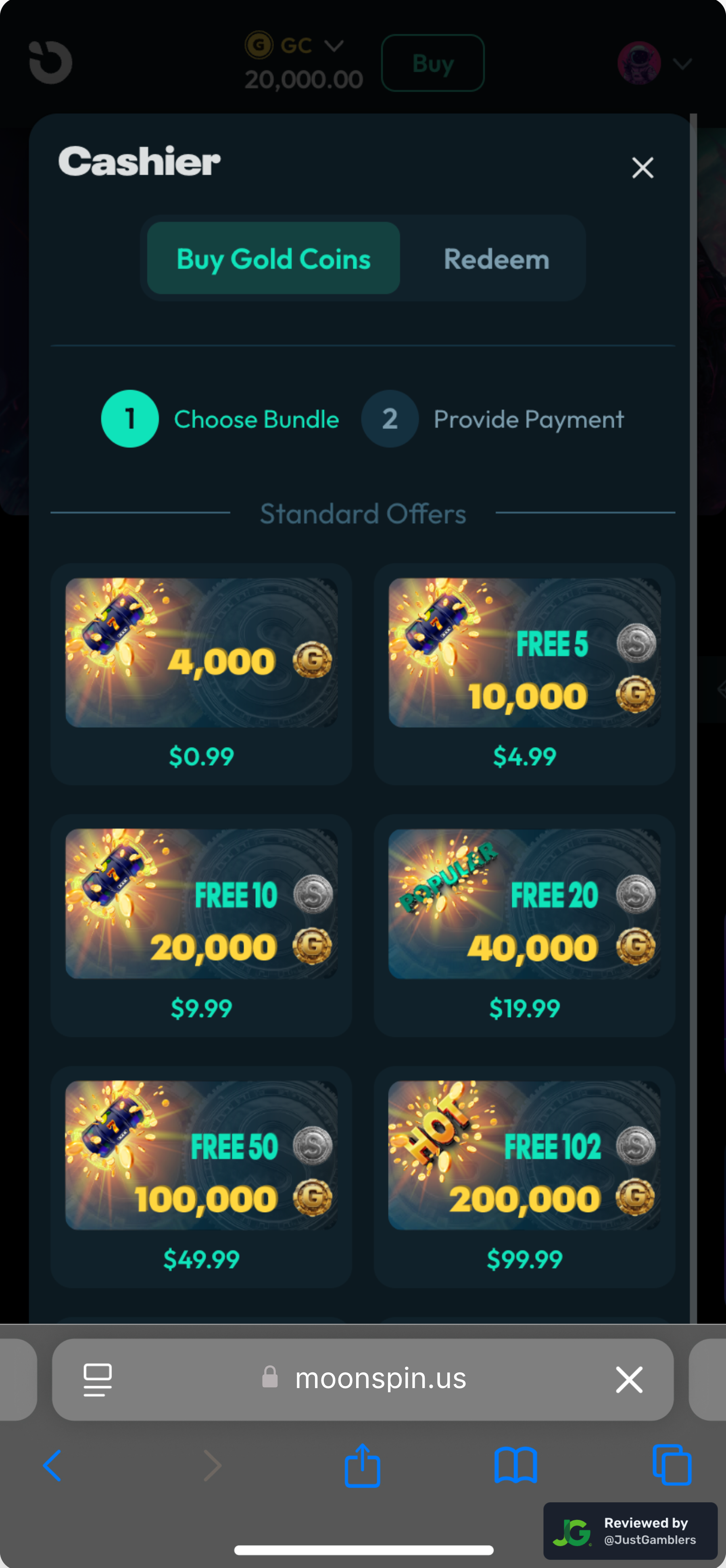 Mobile screenshot of the coin purchase process at Moonspin.