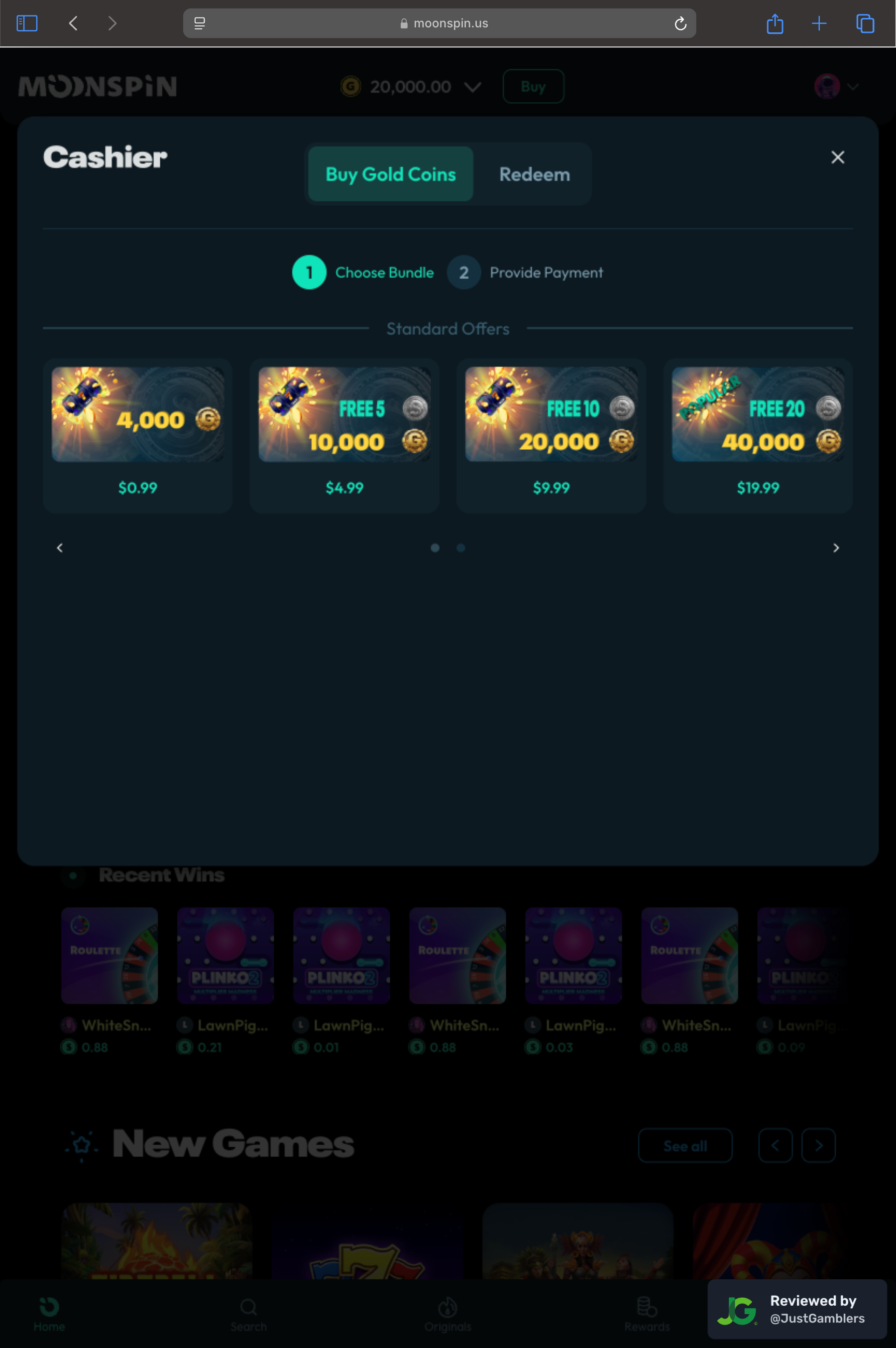 Tablet screenshot of the coin purchase process at Moonspin.