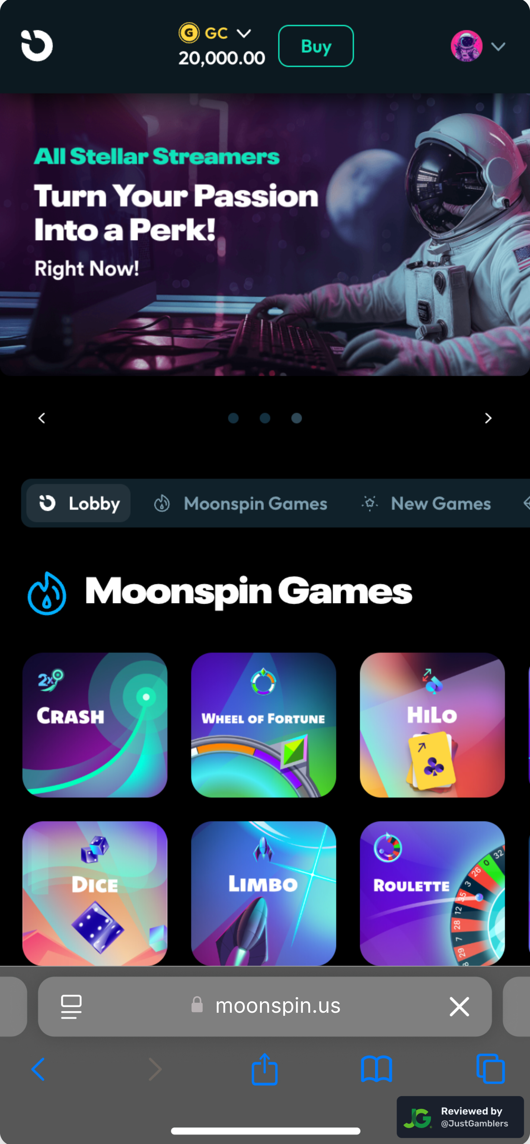 Mobile screenshot of the starting page at Moonspin.