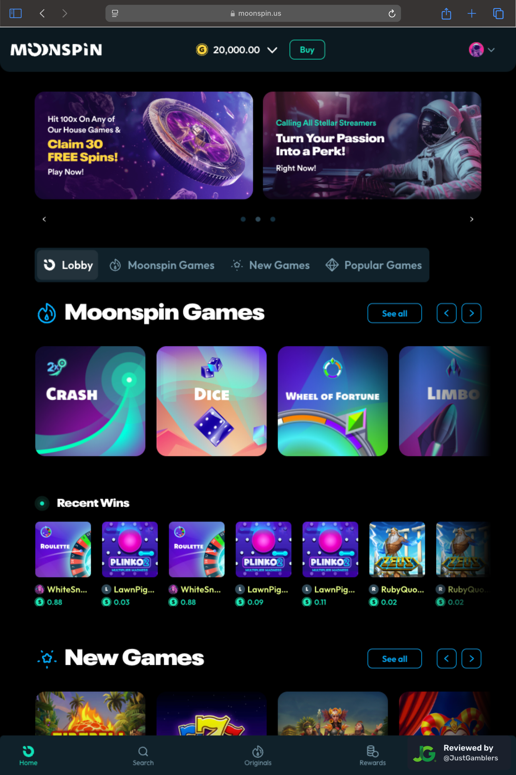 Tablet screenshot of the starting page at Moonspin.