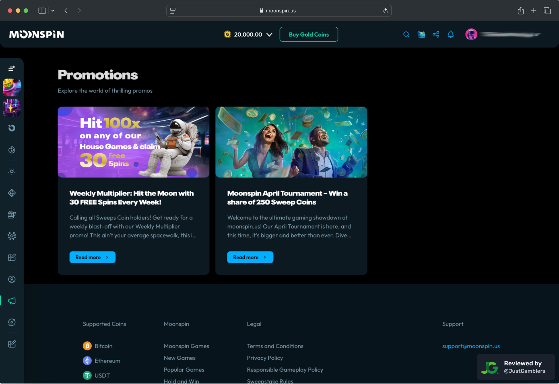Desktop screenshot of the promo page at Moonspin.
