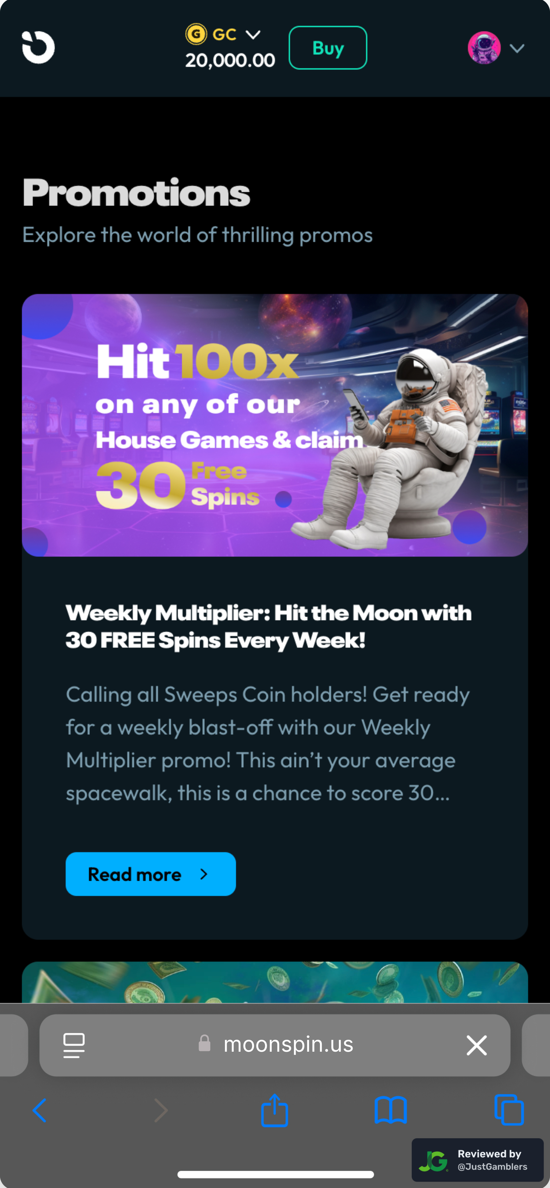 Mobile screenshot of the promo page at Moonspin.