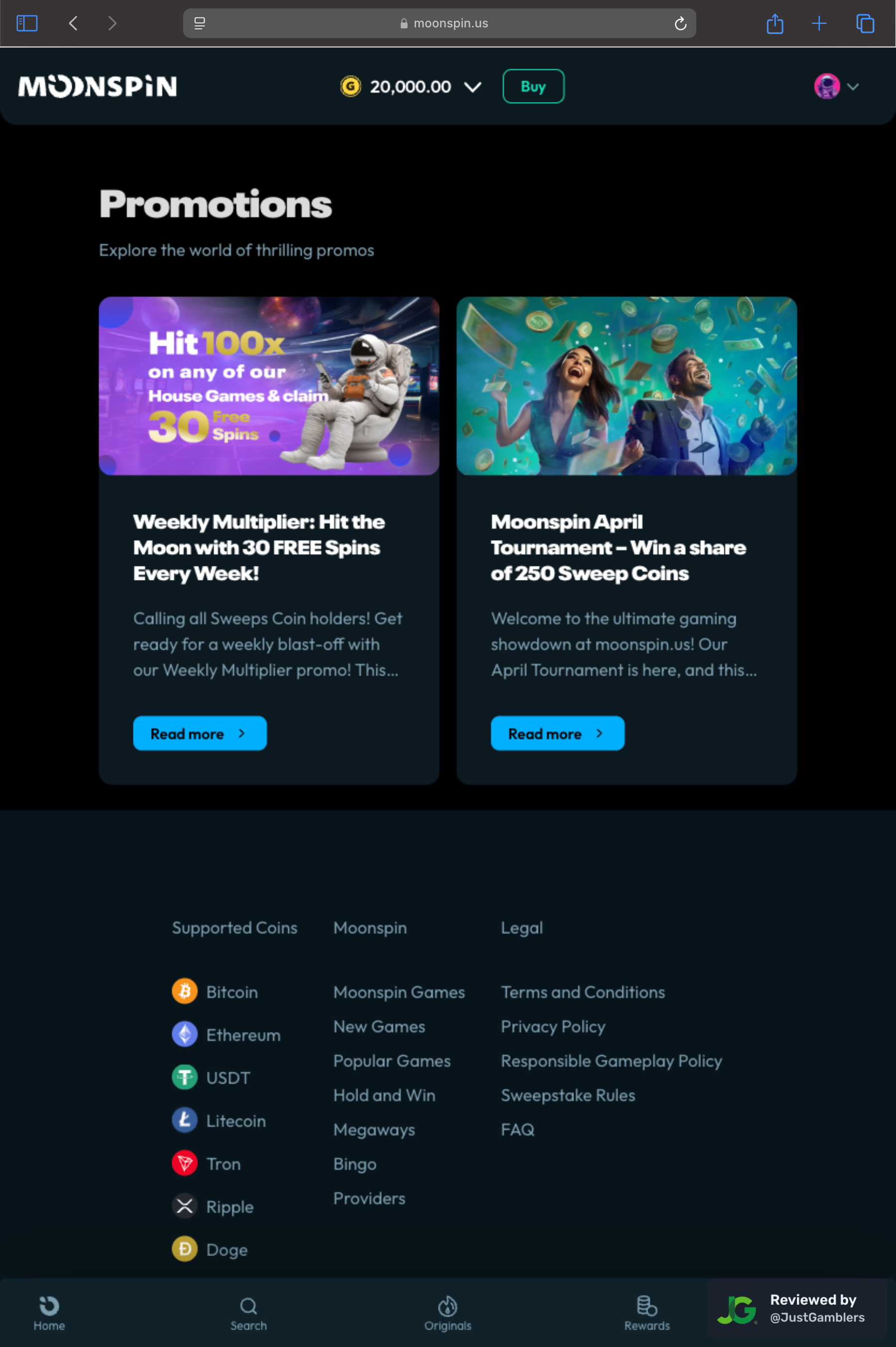 Tablet screenshot of the promo page at Moonspin.