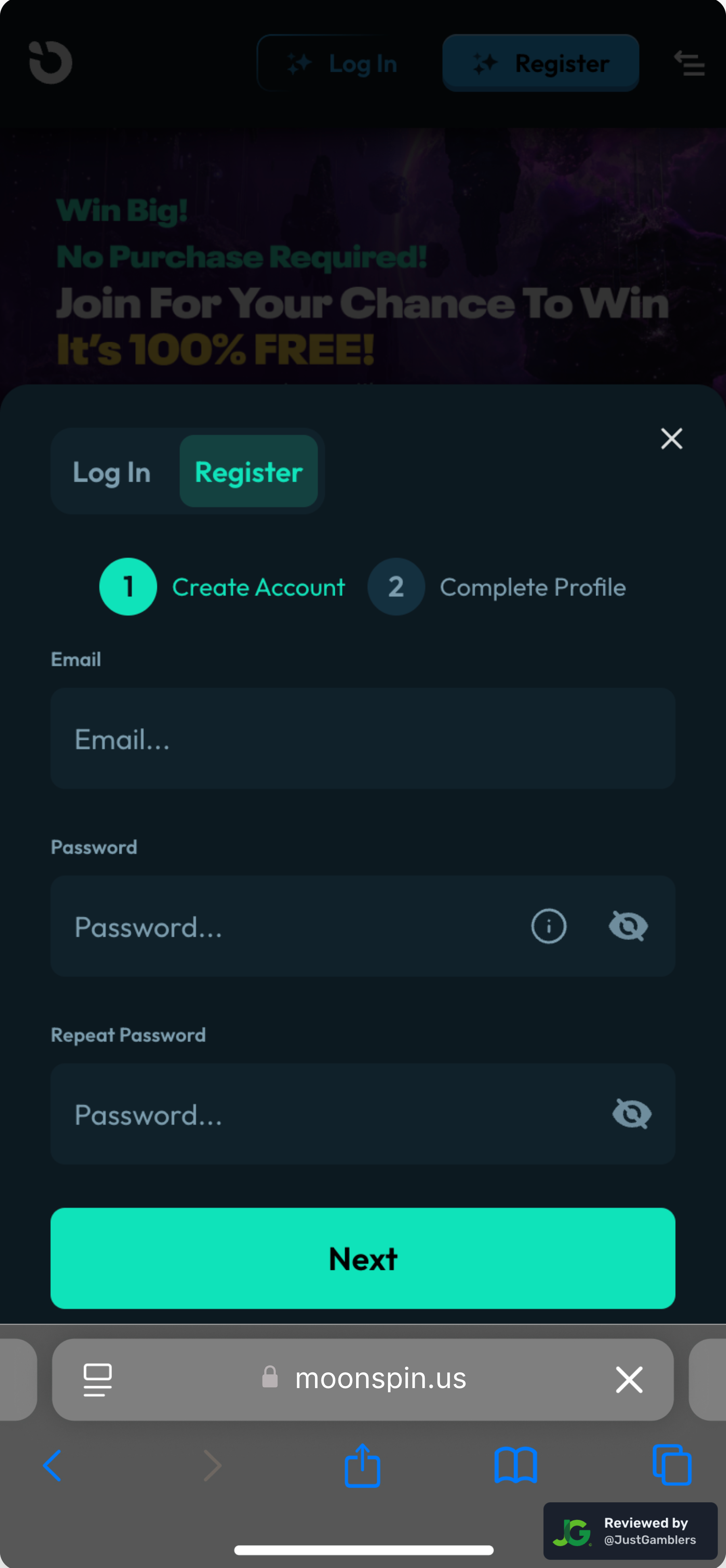 Mobile screenshot of the registration page at Moonspin.