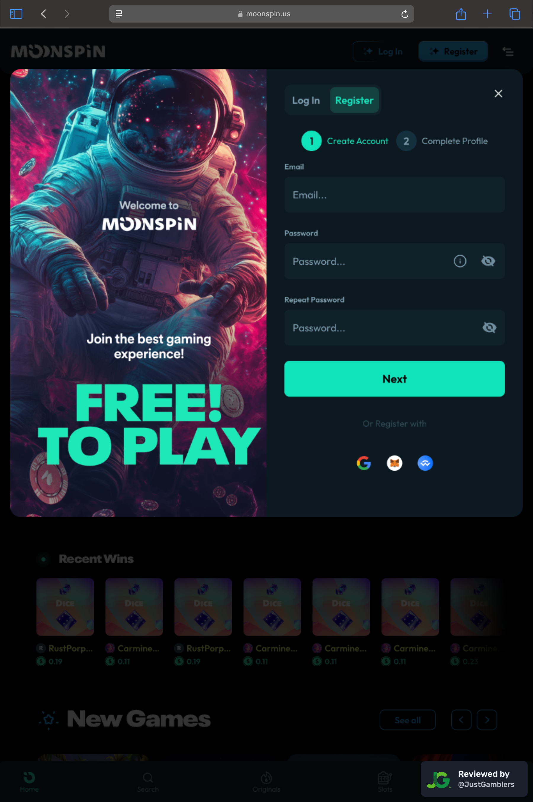 Tablet screenshot of the registration page at Moonspin.