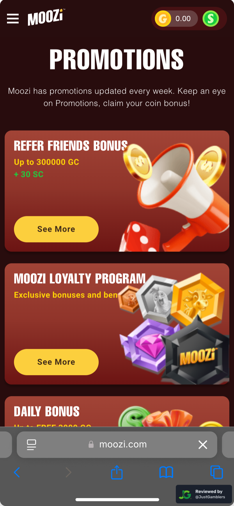 Mobile screenshot of the promo page at Moozi Casino.