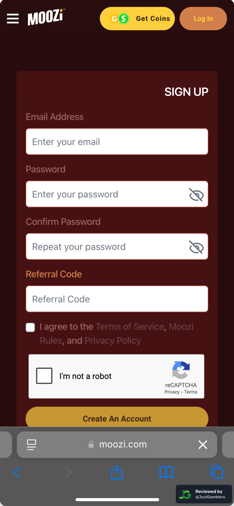 Mobile screenshot of the registration page at Moozi Casino.
