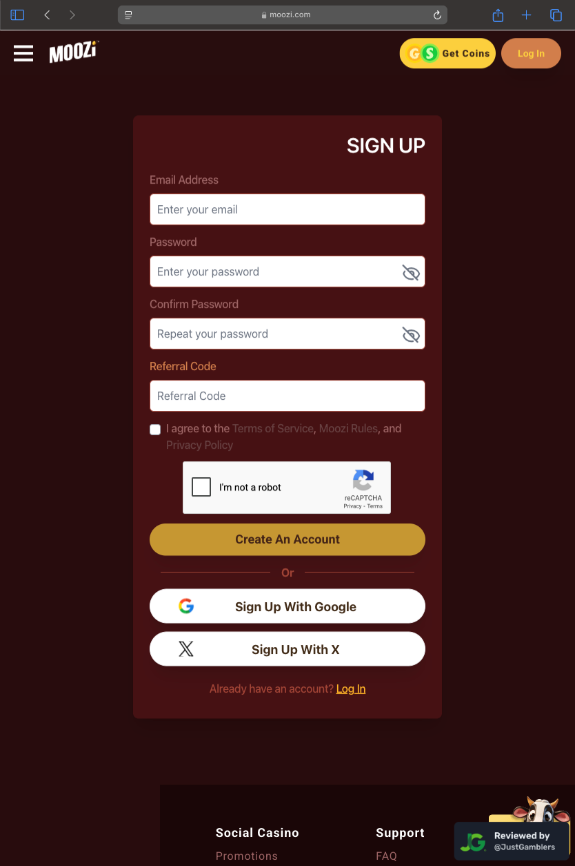 Tablet screenshot of the registration page at Moozi Casino.