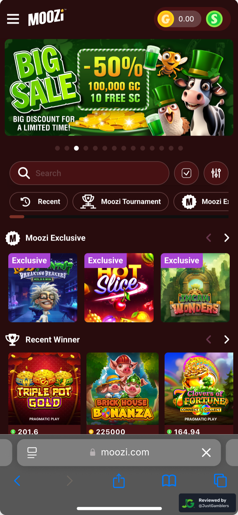 Mobile screenshot of the coin purchase process at Moozi Casino.