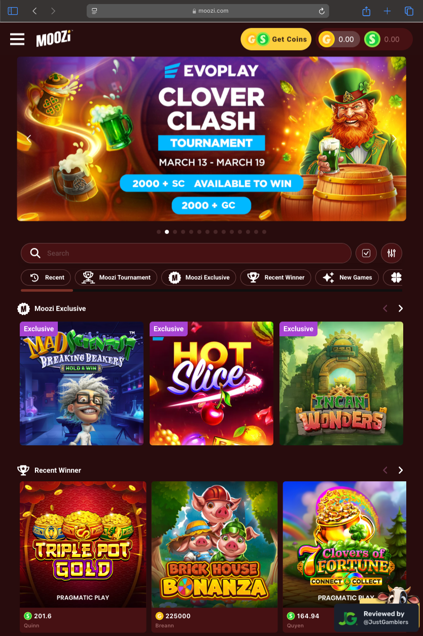 Tablet screenshot of the starting page at Moozi Casino.