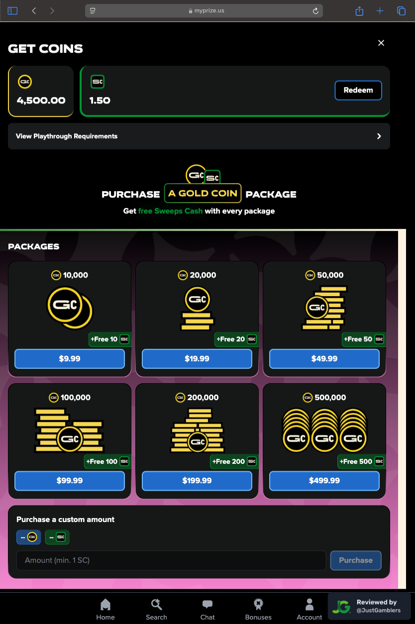 Tablet screenshot of the coin purchase process at MyPrize US.