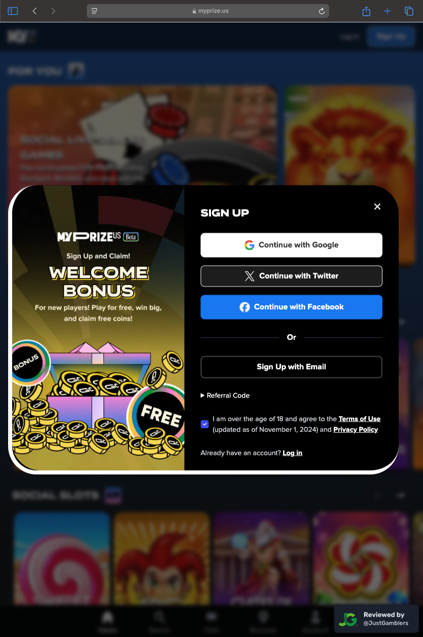 Tablet screenshot of the registration page at MyPrize US.